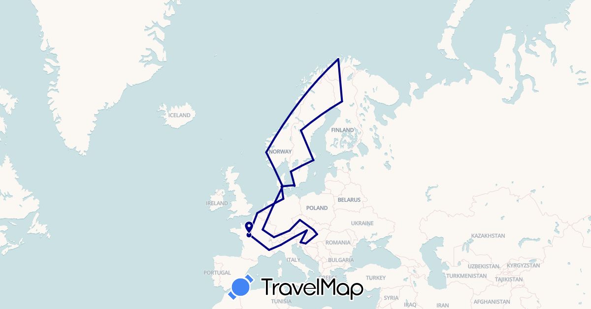 TravelMap itinerary: driving in Austria, Belgium, Switzerland, Czech Republic, Germany, Denmark, Finland, France, Croatia, Hungary, Italy, Norway, Sweden, Slovenia, Slovakia (Europe)